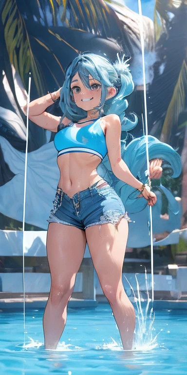 (melhor qualidade, obra de arte), 1 garota, pose de pata, sorriso, Rindo, oceano, corte superior, Shorts, loiro, sardas, corar, olhando para o espectador, Cabelo ondulado, nuvem, espirrando, Ondas, sol, montanha, molhado
