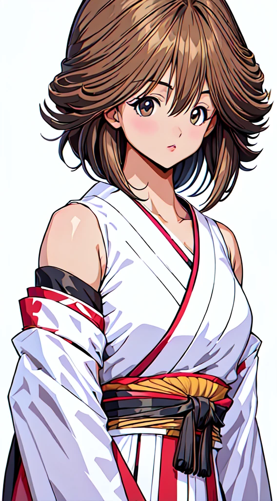 1girl, solo, breasts, looking at viewer, short hair, bangs, simple background, black hair, white background, hair between eyes, bare shoulders, closed mouth, collarbone, upper body, japanese clothes, kimono, black eyes, lips, spiked hair, genderswap, genderswap (mtf)