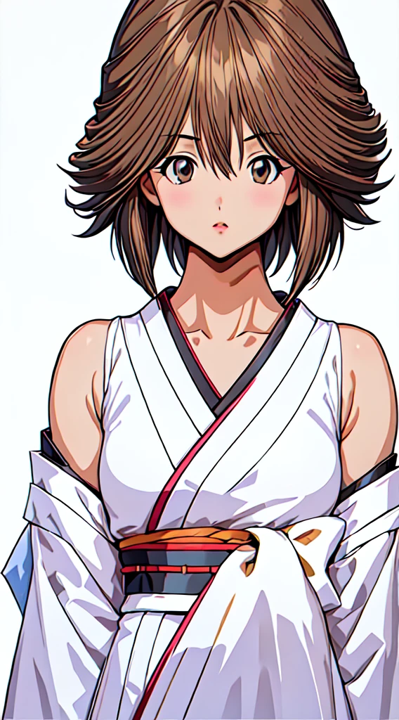 1girl, solo, breasts, looking at viewer, short hair, bangs, simple background, black hair, white background, hair between eyes, bare shoulders, closed mouth, collarbone, upper body, japanese clothes, kimono, black eyes, lips, spiked hair, genderswap, genderswap (mtf)