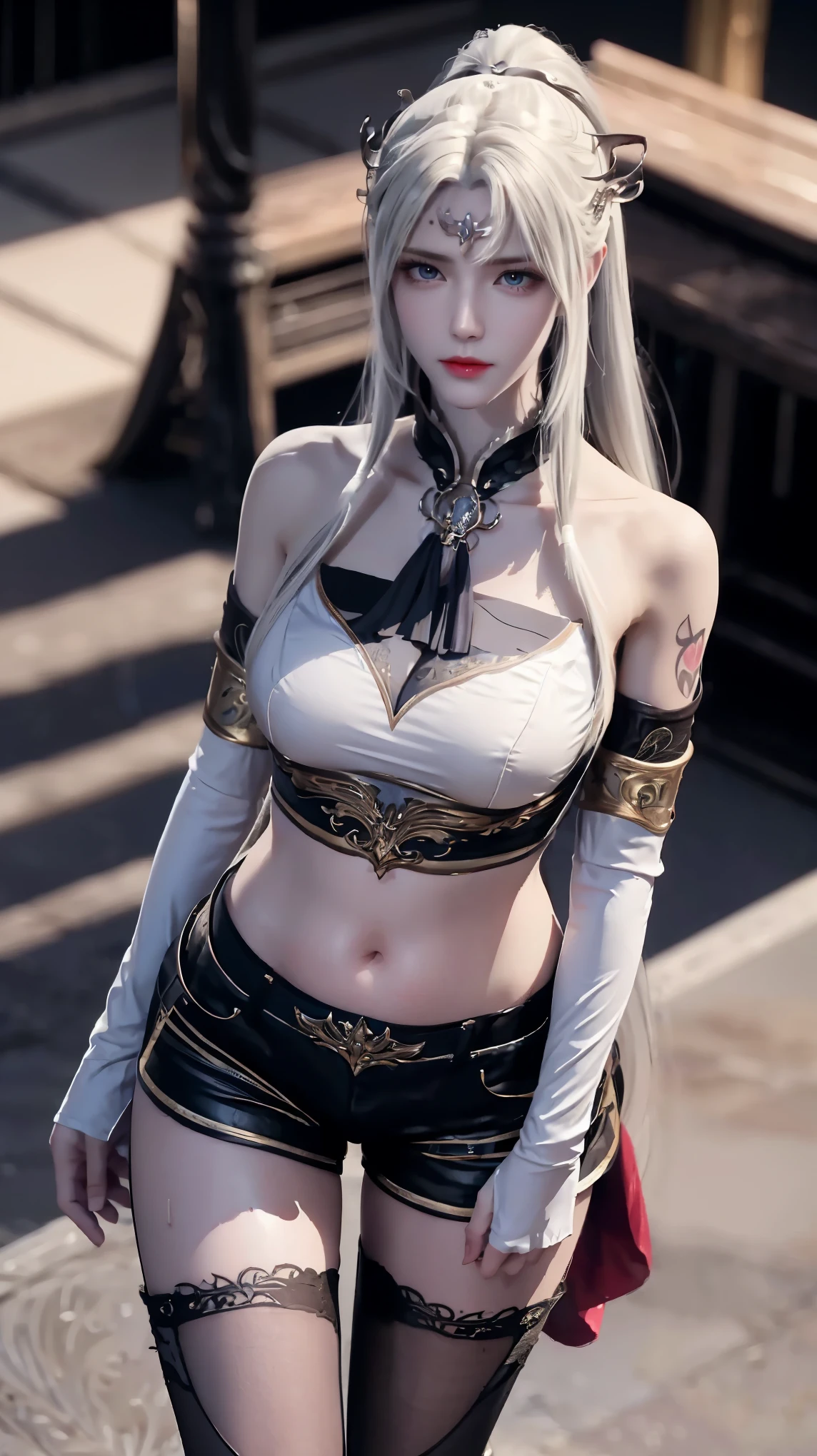 ((best quality, 8k, masterpiece:1.3)), important: 1.2, Perfect body beauty: 1.4, Hips: 1.2, ((Layered Hairstyle, Chest: 1.2)), (Wet clothes: 1.1), (rain, street:1.3), Tube Top Dress: 1.1, Highly detailed face and skin texture, Squinting, Double eyelids, whiten skin, Long hair, (shut up: 1.3), Smiling white-haired girl, High Ponytail发型, Sports Tops, Oversized bust, Succubus, (((Succubus tattoo on lower abdomen))), Transparent Super Skinny Low Rise Bow Pants, (((ultra-low waist))), Full body image, Sexy girl, Sexy, Happy laughter, Shy, (((Showing belly))), Express, There is a heart in the eyes, (Detailed drawing of eyes), Sexy Long legs, Thin waist, Sweat is running down my waist, (Showing belly), ((Succubus tattoo extreme detail portrayal))), , Front squat, Dark lock method, Asymmetrical bangs, Transparent clothes, Hands on thighs, Look away, 8k resolution, Missed ionary, Raise an eyebrow, Shiny hair, Flower head, Wristband, White hair bandage、Close-up of 错过 wearing white mask, Beautiful character painting, guweiz, Gurwitz-style artwork, White-haired god, author：Yang Jie, Epic and beautiful character art, Stunning character art, author：Fan Qi, by Wuzhun Shifan, pixiv art station street guweiz, Single ponytail, insult, High Ponytail, Tall and big, Long legs, (Sleeveless lace shirt), (shorts), (Striped )), ((Striped )), Walk,