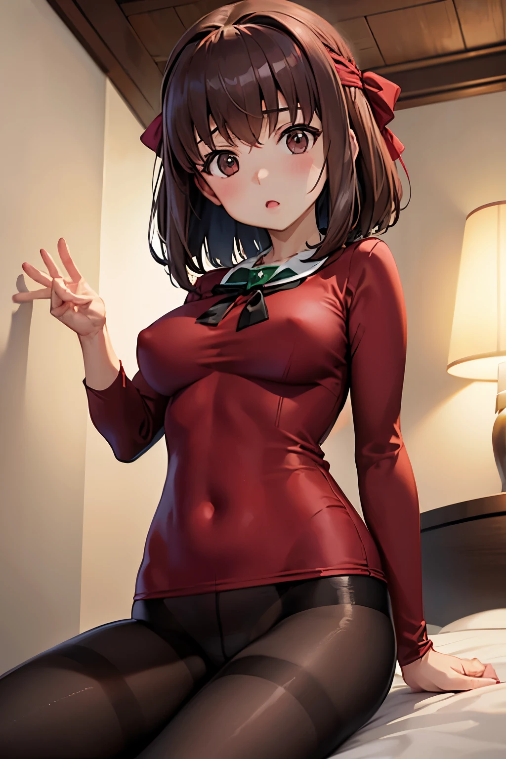 Taeko Kondo、Girls&Panzer、Brown Hair、Short Hair、((pantyhose))、Photo from below、Medium chest、Bedroom、(Swimsuit)、Red ribbon、Black gloves、