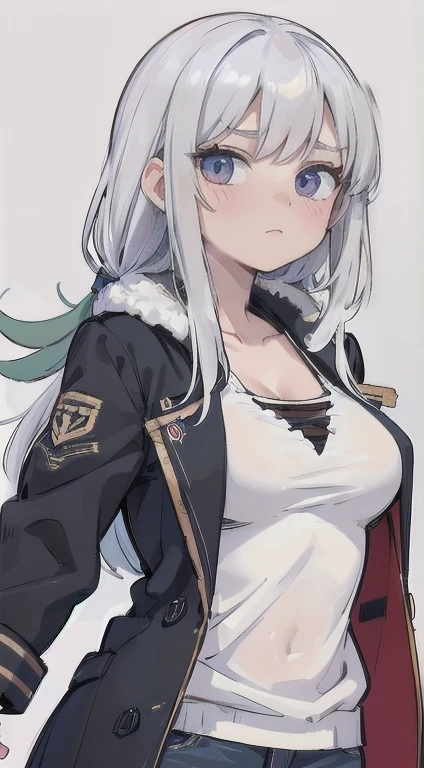 a cartoon style female character holding a phone with an iphone attached, 1girl, solo, animal ears, green eyes, navel, long hair, white hair, breasts, gloves, green gloves, ahoge, looking at viewer, bare shoulders, animal ear fluff, jacket, white background, skindentation, off shoulder, shorts, black shorts, medium breasts, hand up, green jacket