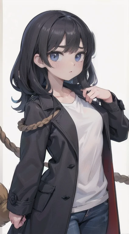 rosto maduro, mulher madura, Cabelo comprido fofo, Super Loose Casual Cotton Coat, roupas escorregando, Lordose das costas, Segure seu peito, Tez avermelhada, The hemp rope firmly tightens the chest