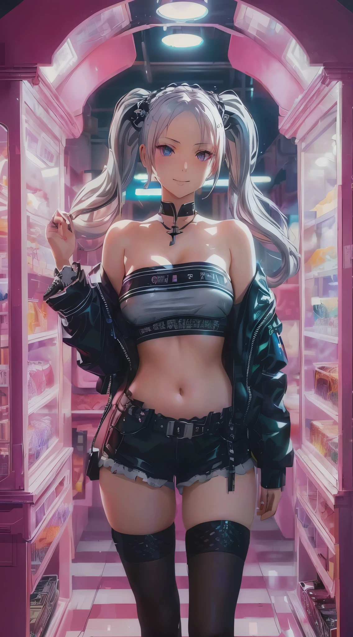 Emilia re:zero, purple eyes, Emilia, crown braid, x hair ornament, flower hair ornament, white hair, long hair, medium breasts, twin tails, smug smile, a woman in a black and white outfit standing in a store, cyberpunk anime girl, seductive anime girl, digital cyberpunk - anime art, realistic anime 3 d style, anime style. 8k, female cyberpunk anime girl, anime vibes, artwork in the style of guweiz, digital cyberpunk anime art, anime style 4 k, anime styled 3d, anime cyberpunk art