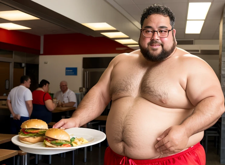 Only plump, chubby, extremely thick thighs, large belly, wearing only red swim trunks, Homem velho 56 anos tem uma barba Grande levemente grisalho, he is working inside a cafeteria preparing hamburgers, serving burger to customer. He is holding a plate with a burger and fries in his hands. He wears glasses.
