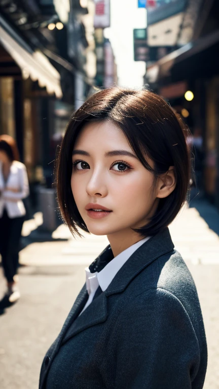 beautiful日本の高校生, masterpiece, light makeup, Black Hair, Street background, beautiful, elegant.  Extremely fine detail, work, Authentic texture, Realistic Cinematic Lighting, perfect work, 8k, High resolution, Graceful features, uniform,, Plump figure, Big bright eyes,