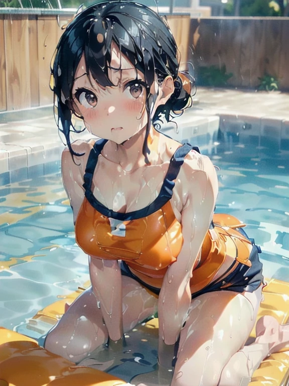 (Orange swimsuit(camisole):1.3),(Navy blue shorts:1.2),(ぬるぬるローションでSoaking wet:1.5),Pool(Soaking wet,ぬるぬるローションPool),(All fours pose:1.5),Big Breasts,