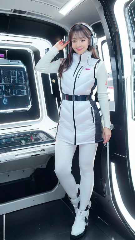 masterpiece:1.4, masterpiece,best quality,1girl,BREAK (portrait shot):100,(lower body):100,BREAK one girl in ((20yr old)), instagrammer pose,idol girl, dynamic pose,(astrovest):2,floating:20,jumping:20,(white shiny downves):5,(white puffer vest):5,(black tights),(black long sleeves):2,black belt ,smartwatch,huge breast,wears a tight futuristic latex silver and black and white bodysuit,(white boots),astrovest, de pele branca,beautiful face ,smile,japanese girl,dark brown
hair,huge-breasted, long hair, Perfect model body, Blue eyes:1.4, Wearing headphones, Flirting, Happy, Looking out the window of the futuristic sci-fi space station,While admiring the beautiful galaxy:1.2, BREAK SF control room on night background:1.1, Neon and energetic atmosphere:1.2 ((Galaxy)) ,((Solo:1.6)),futuristic space station background,inside space craft,Futuristic room,neotech,JeeSoo