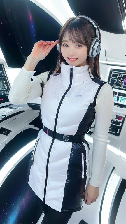 ​masterpiece:1.4, masterpiece,best quality,1girl,BREAK (portrait shot):100,(lower body):100,BREAK one girl in ((20yr old)), instagrammer pose,idol girl, dynamic pose,(astrovest):2,floating:20,jumping:20,(white shiny downves):5,(white puffer vest):5,(black tights),(black long sleeves):2,black belt ,smartwatch,huge breast,wears a tight futuristic latex silver and black and white bodysuit,(white boots),astrovest, de pele branca,beautiful face ,smile,japanese girl,dark brown 
hair,huge-breasted, long hair, Perfect model body, Blue eyes:1.4, Wearing headphones, Flirting, Happy,  Looking out the window of the futuristic sci-fi space station,While admiring the beautiful galaxy:1.2, BREAK SF control room on night background:1.1, Neon and energetic atmosphere:1.2 ((Galaxy)) ,((Solo:1.6)),futuristic space station background,inside space craft,Futuristic room,neotech,JeeSoo 
