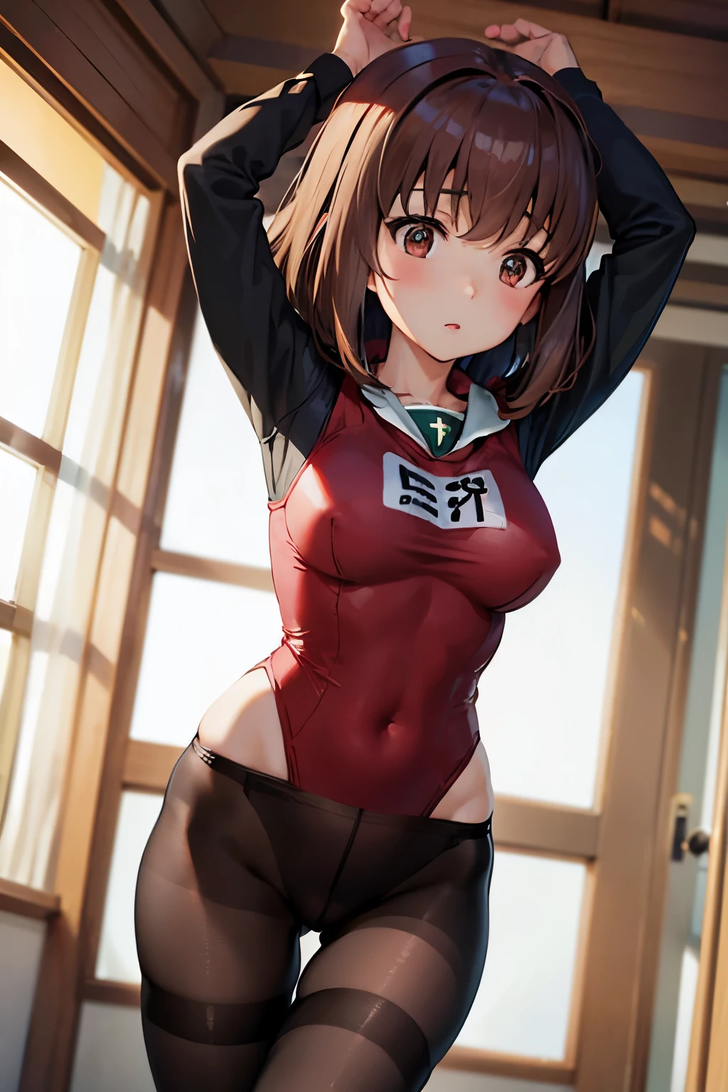 Taeko Kondo、Girls&Panzer、Brown Hair、Short Hair、((pantyhose))、Photo from below、Medium chest、Bedroom、(Swimsuit)、Red ribbon、Black gloves、