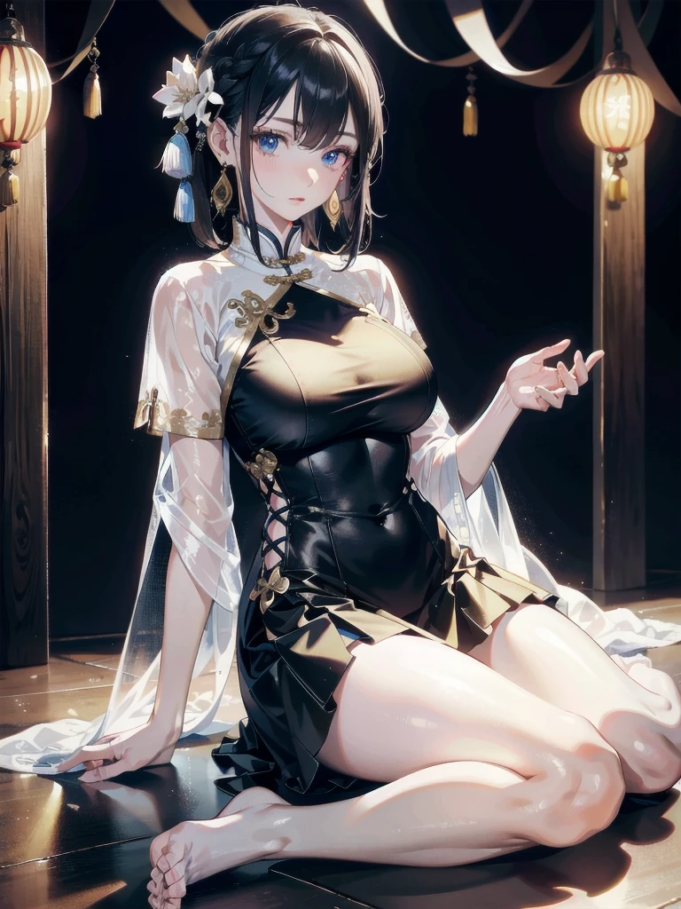 absurdres, RAW photo, extremely delicate and beautiful, masterpiece, Best Quality, ultra high resolution, 32k, hyperrealistic, ultra-detailed, detailed description, pale skin, 20 years old, detailed beautiful face and eyes, tearful mole, earring, very huge round breasts, short medium hair, wavy hair, (full body shot), jewelry, skirt, hair adornments, Chinese clothes, sheer transparent clothes,