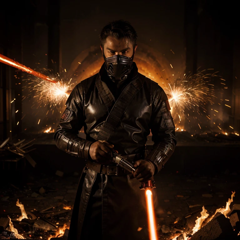 (best quality,4k,8k,highres,masterpiece:1.2),ultra-detailed,(realistic,photorealistic,photo-realistic:1.37),intense scene,burning background,red lightsaber held by a man,flaming fire,radiating heat,fiery flames engulfing the surroundings,danger,menacing atmosphere,dramatic lighting,smoke and ashes flying in the air,red-hot embers,glowing coals,shadows dancing in the flickering firelight,dynamic motion,motion blur,emotional intensity,man's fierce expression,tense grip on the lightsaber,aggressive stance,crackling fire sounds,sizzling flames,melting surroundings,destructive power,contrast between light and darkness,smoldering ruins,vivid colors,high contrast,thick smoke obscuring the background,menacing silhouette,fiery sparks,shimmering heat waves,uncontrolled chaos,flames licking the man's body,sparks flying off the lightsaber,spiraling flames,blazing inferno,scorching heat,fire storm,ominous presence,raw power,devastation,apocalyptic scene.This man wears a mask