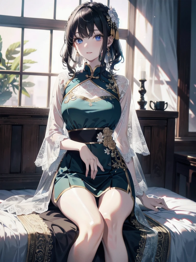 absurdres, RAW photo, extremely delicate and beautiful, masterpiece, Best Quality, ultra high resolution, 32k, hyperrealistic, ultra-detailed, detailed description, pale skin, 20 years old, detailed beautiful face and eyes, tearful mole, earring, very huge round breasts, short medium hair, wavy hair, (full body shot), jewelry, skirt, hair adornments, Chinese clothes, sheer transparent clothes,