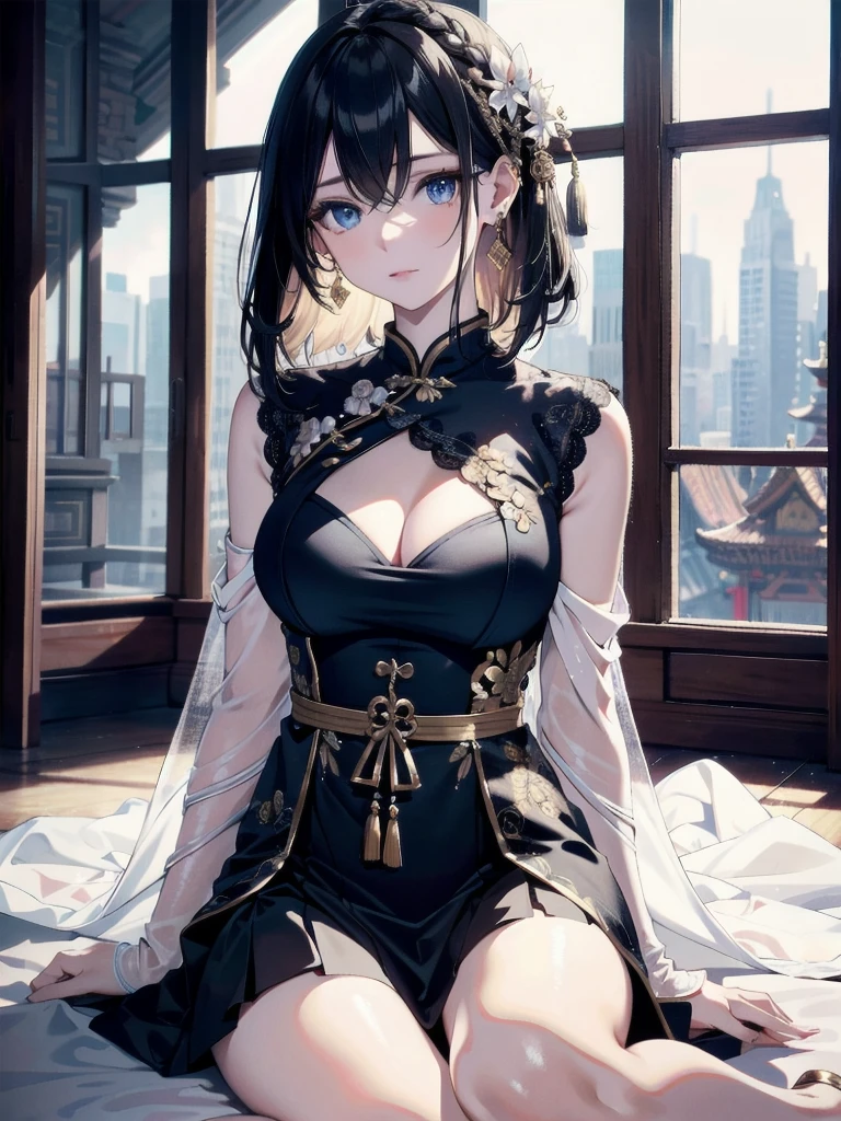 absurdres, RAW photo, extremely delicate and beautiful, masterpiece, Best Quality, ultra high resolution, 32k, hyperrealistic, ultra-detailed, detailed description, pale skin, 20 years old, detailed beautiful face and eyes, tearful mole, earring, very huge round breasts, short medium hair, wavy hair, (full body shot), jewelry, skirt, hair adornments, Chinese clothes, sheer transparent clothes, 
