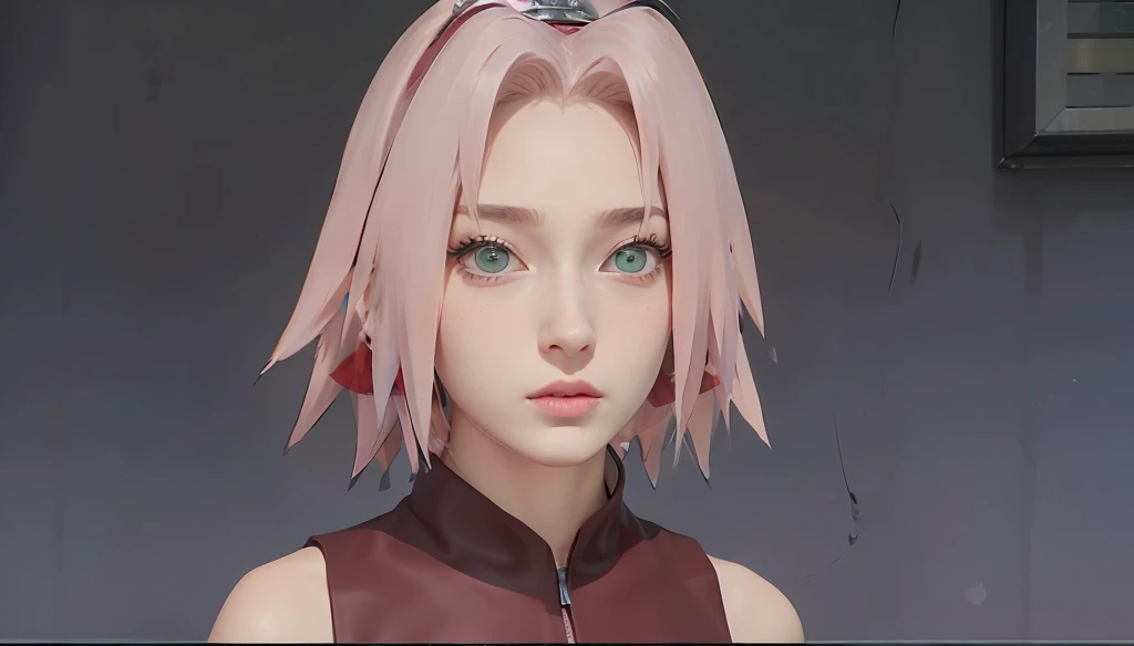 young woman, short shoulder-length pink hair, wide forehead, porcelain skin, pink eyebrows, big emerald green eyes, buttoned nose, full lips, heart-shaped face, slender body, small breasts, red tank top, Sakura Haruno , realistic, realism, details, 3d, well detailed