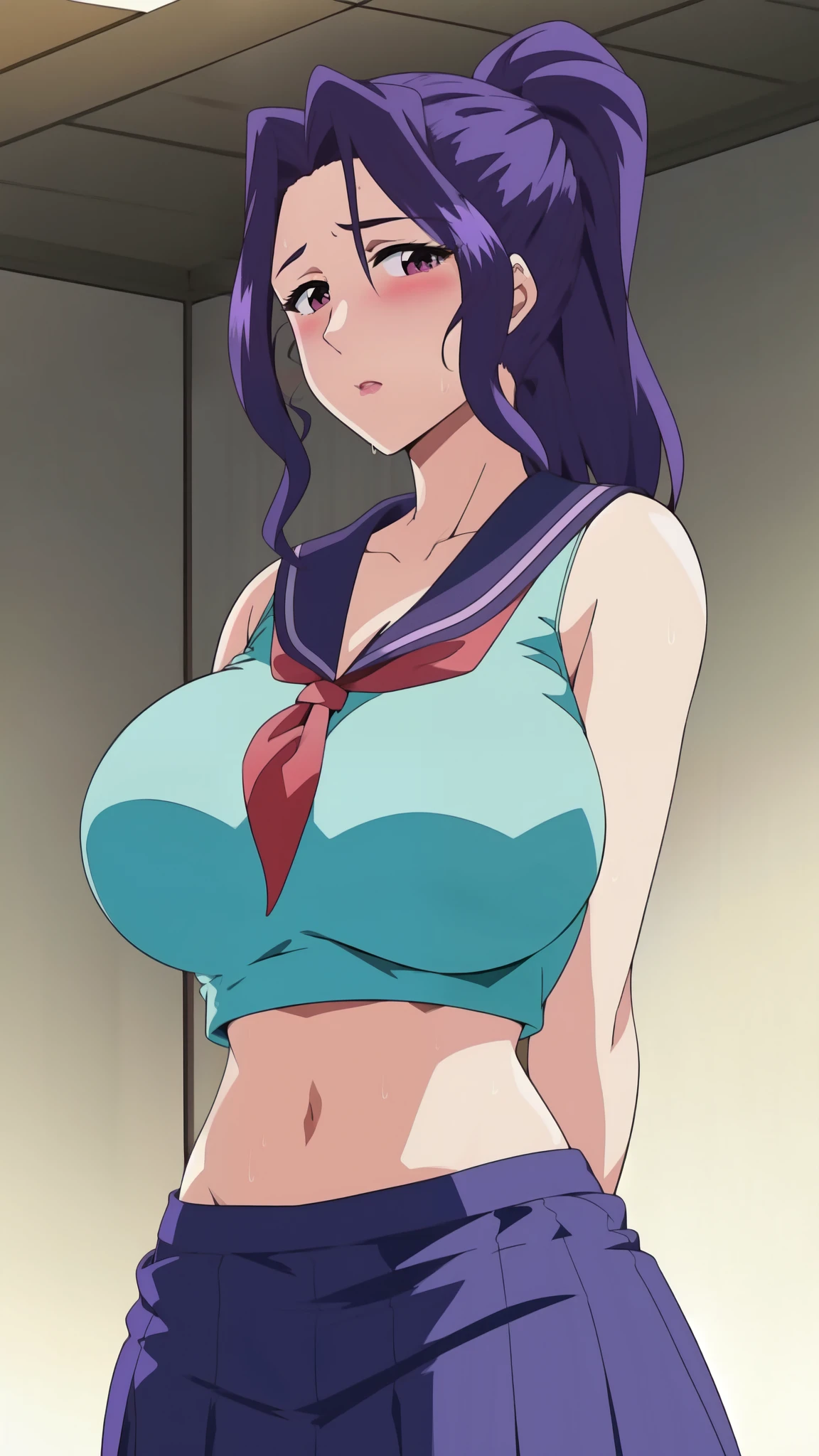 1girl, breasts, solo, , skirt, serafuku, navel, midriff, PURPLE hair, blush, HUGE breasts, looking at viewer, crop top, arms behind back, pleated skirt, , PURPLE eyes, blue skirt, taut clothes, neckerchief, sweat, standing, PONYTAIL