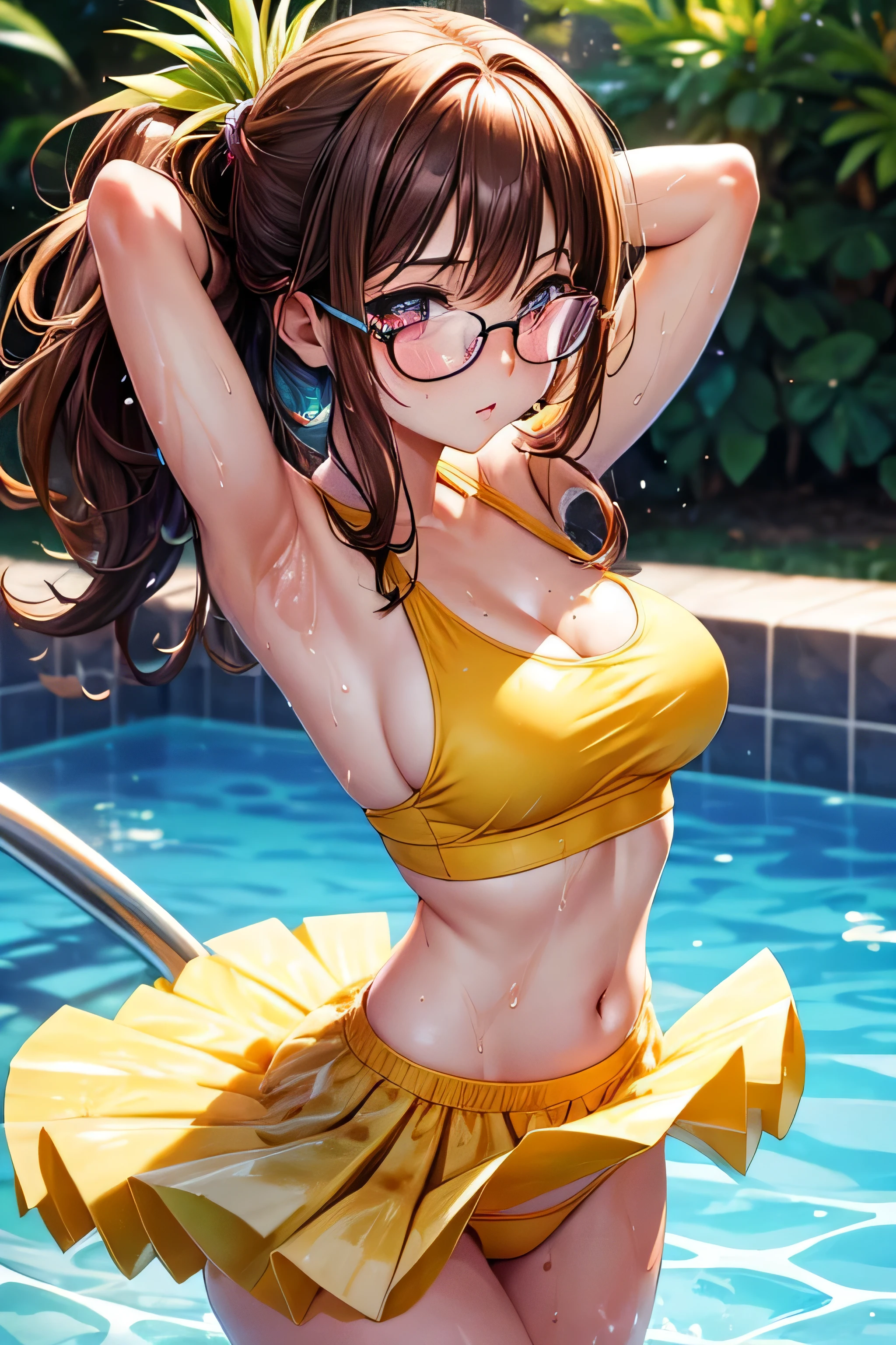 High resolution, high quality, One girl, Anime Girls, Brown long hair, Brown eyes, Pink Glasses,heart shaped pupils,Sunburned skin, Large Breasts,beautiful breasts,pointy breasts,(Big Ass),beautiful ass,Embarrassed,Tank Top,swimsuit,Back Pose,lower body,sweat,wet,swimming,(open legs),arms behind head,at Poolside,(Kiwi juice),(lemon juice),(orange juice),(Pineapple juice),(Mango juice),(water),