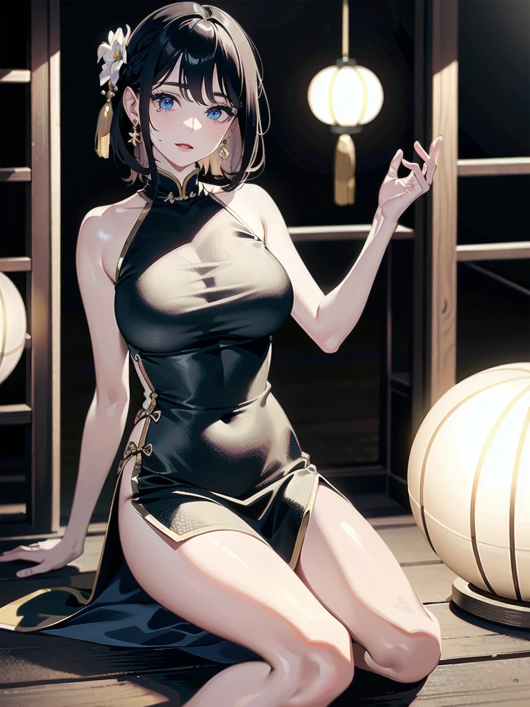absurdres, RAW photo, extremely delicate and beautiful, masterpiece, Best Quality, ultra high resolution, 32k, hyperrealistic, ultra-detailed, detailed description, pale skin, 20 years old, detailed beautiful face and eyes, tearful mole, earring, very huge round breasts, short medium hair, wavy hair, full body shot, jewelry, skirt, hair adornments, Chinese clothes, sheer transparent clothes,