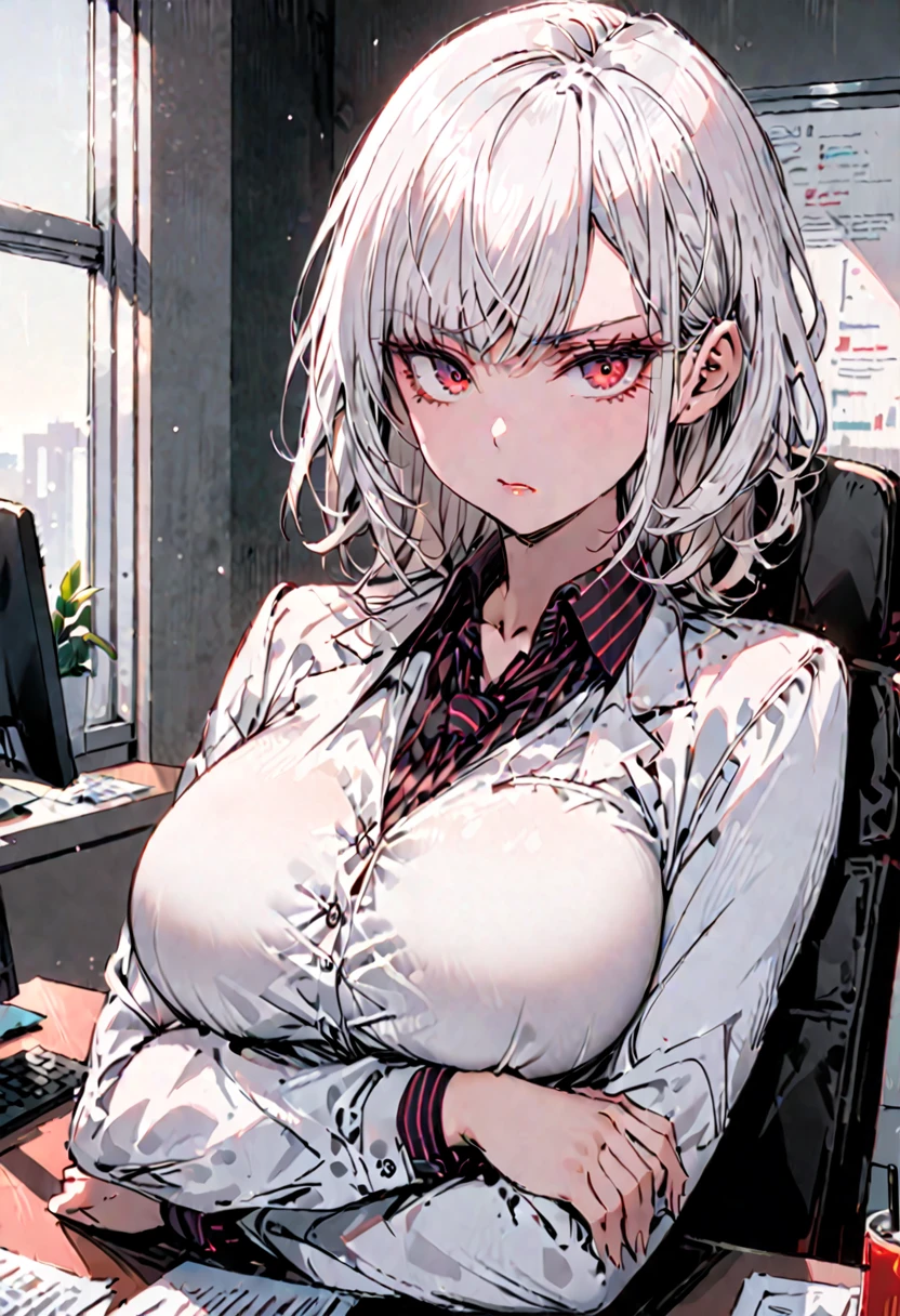 solo, female, tall, red eyes, short white hair, ceo, business suit, office, bored, crossed arms, large breasts