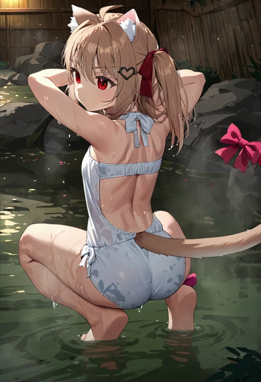 1girl, evil neuro-sama, (yuzu modoki), red eyes, light brown hair, ahoge, two side up, hair ribbon, dark red ribbon, heart hair ornament, (masterpiece, best quality), highly detailed, finely detailed, natural lighting, detailed scenery, wet, steam, outside, onsen, swimsuit back, back focus, from behind, looking back, cat ears, cat tail, tail bow, squatting, spread legs, arms behind head,