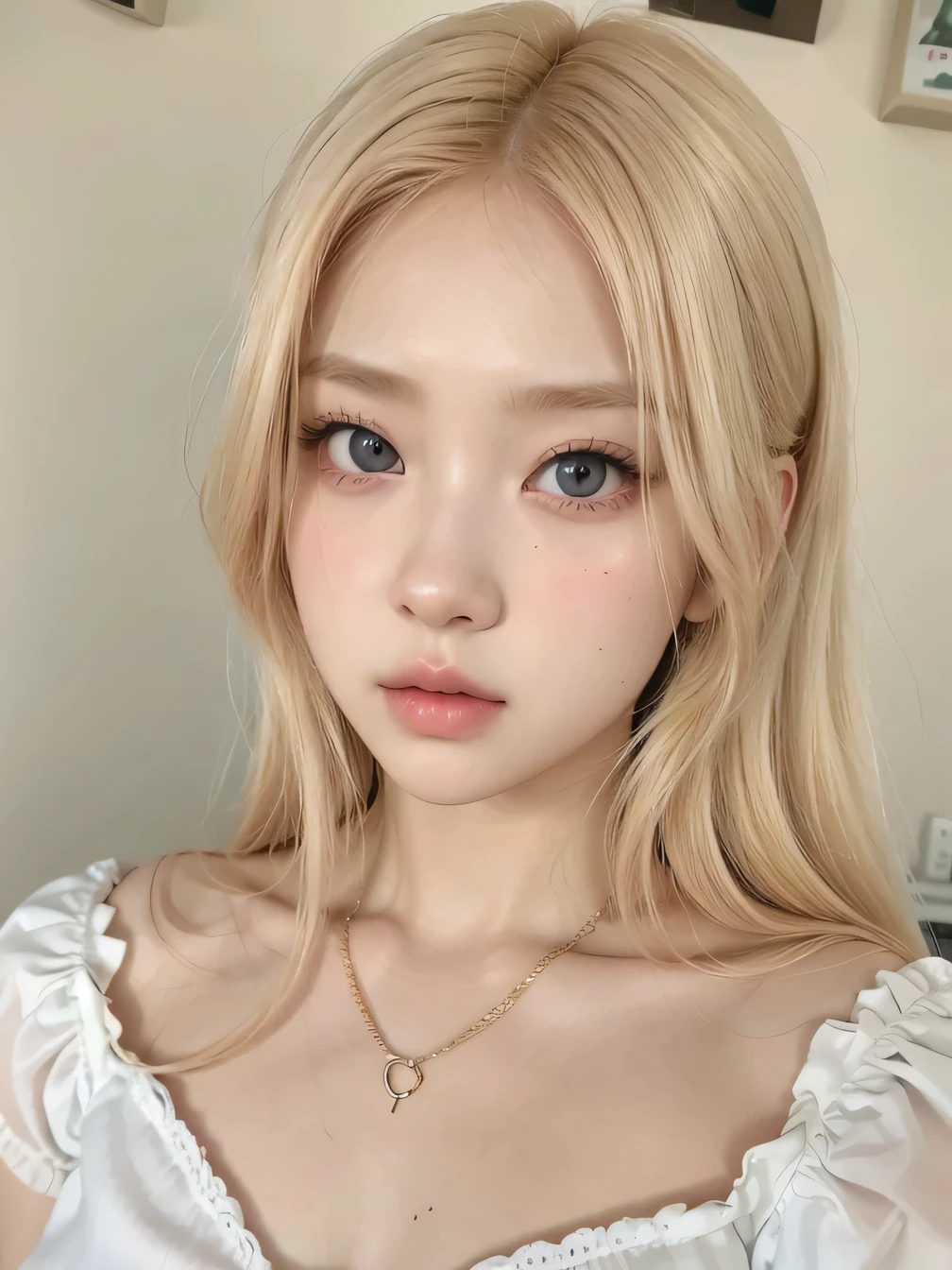 Rose from Blackpink, blonde hair, soft skin, big eyes, pale skin, long silky hair, realistic style