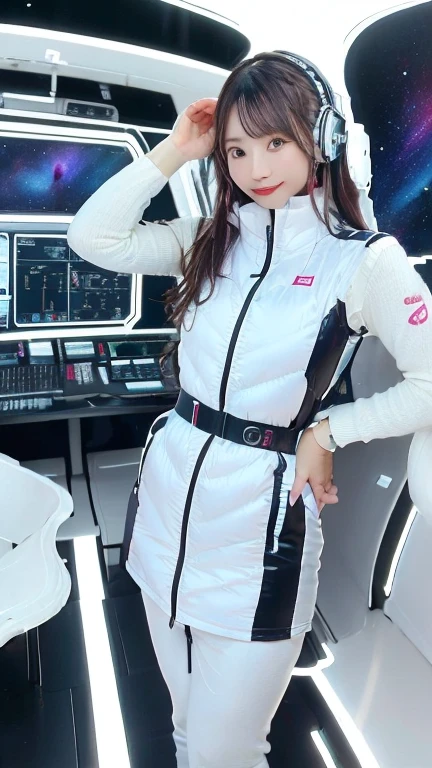 masterpiece:1.4, masterpiece,best quality,1girl,BREAK (portrait shot):100,(lower body):100,BREAK one girl in ((20yr old)), instagrammer pose,idol girl, dynamic pose,(astrovest):2,floating:20,jumping:20,(white shiny downves):5,(white puffer vest):5,(black tights),(black long sleeves):2,black belt ,smartwatch,huge breast,wears a tight futuristic latex silver and black and white bodysuit,(white boots),astrovest, de pele branca,beautiful face ,smile,japanese girl,dark brown
hair,huge-breasted, long hair, Perfect model body, Blue eyes:1.4, Wearing headphones, Flirting, Happy, Looking out the window of the futuristic sci-fi space station,While admiring the beautiful galaxy:1.2, BREAK SF control room on night background:1.1, Neon and energetic atmosphere:1.2 ((Galaxy)) ,((Solo:1.6)),futuristic space station background,inside space craft,Futuristic room,neotech,JeeSoo