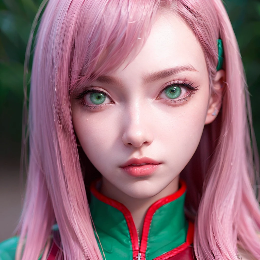 young woman, short shoulder-length pink hair, wide forehead, porcelain skin, pink eyebrows, big emerald green eyes, buttoned nose, full lips, heart-shaped face, slender body, small breasts, red tank top, Sakura Haruno , realistic, realism, details, 3d, well detailed
