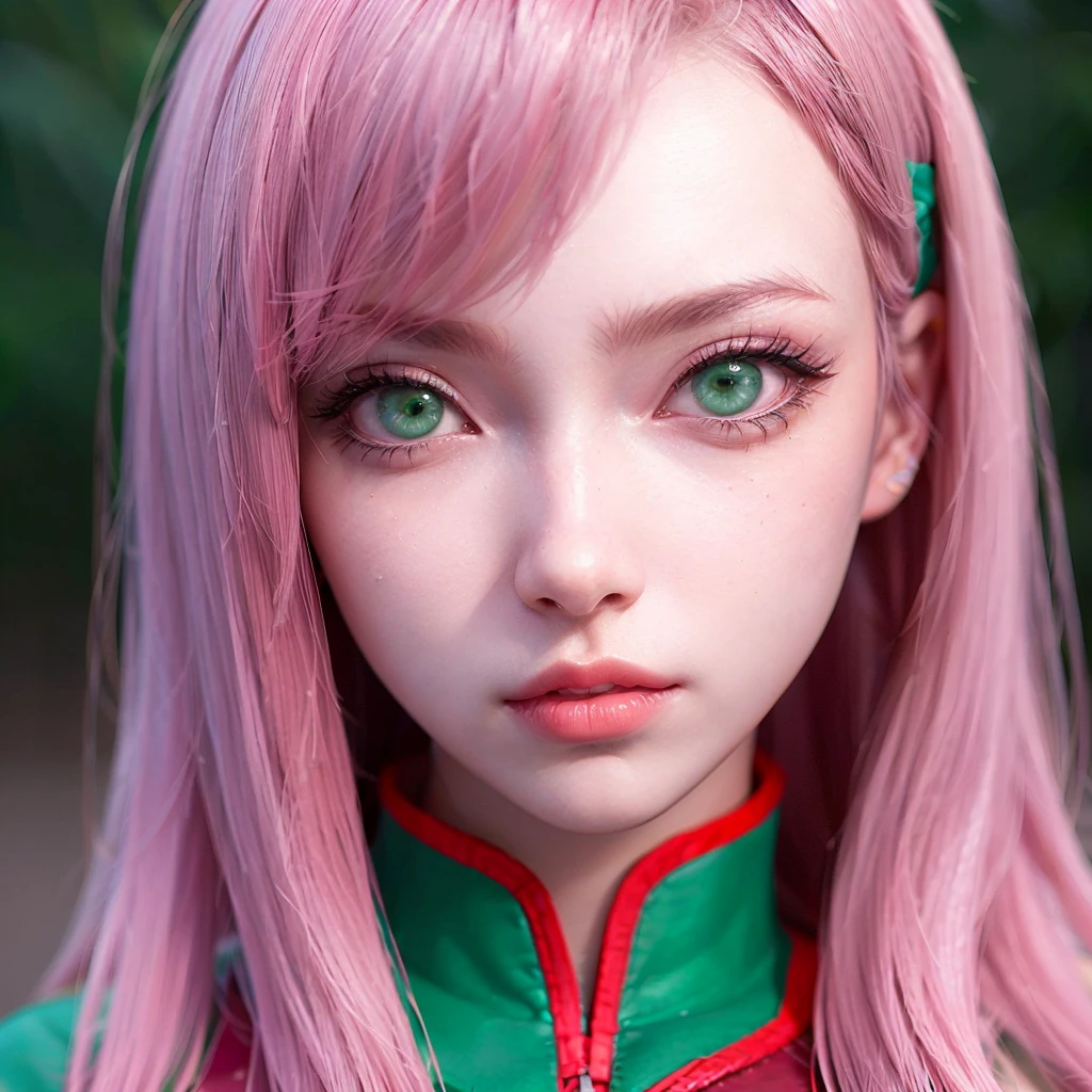 young woman, short shoulder-length pink hair, wide forehead, porcelain skin, pink eyebrows, big emerald green eyes, buttoned nose, full lips, heart-shaped face, slender body, small breasts, red tank top, Sakura Haruno , realistic, realism, details, 3d, well detailed