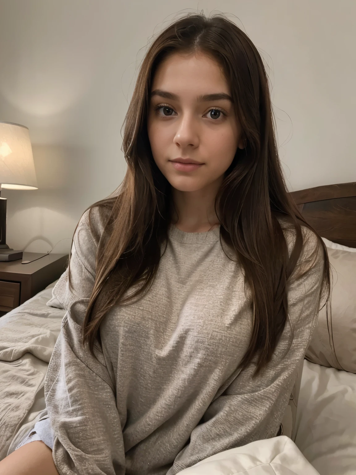 (best quality,4k,highres,ultra-detailed:1.2), realistic lighting, girl, brown hair, long hair, straight hair, teenage girl, taking selfie, bed, dark room, bedroom, peaceful atmosphere, self-expression, modern lifestyle, social media, technology, relaxed pose, serene expression, comfortable setting, soft pillows, cozy blanket, dim lighting, subtle shadows, soft colors, fashionable outfit, trendy accessories