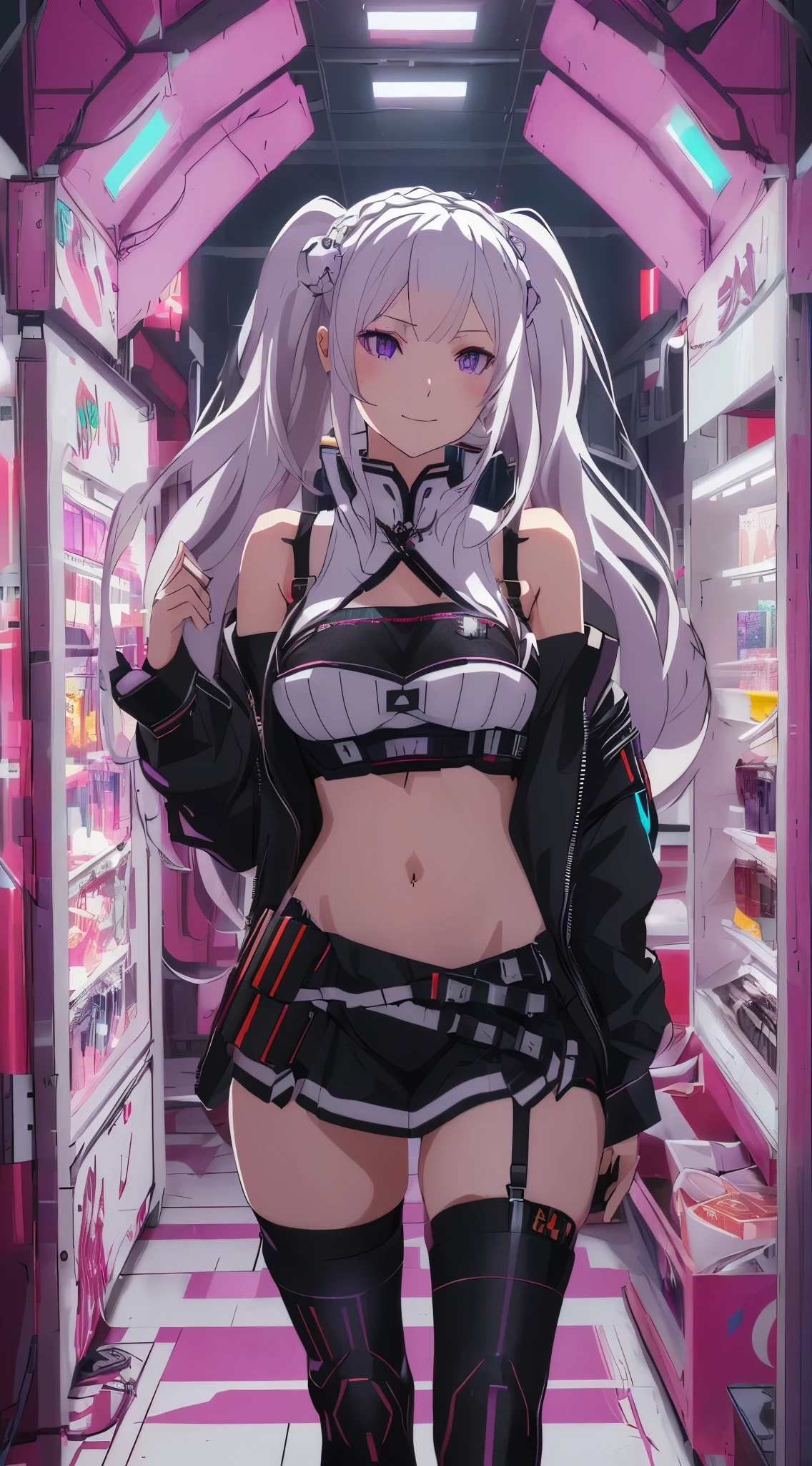 Emilia re:zero, purple eyes, Emilia, crown braid, x hair ornament, flower hair ornament, white hair, long hair, medium breasts, twin tails, smug smile, a woman in a black and white outfit standing in a store, cyberpunk anime girl, seductive anime girl, digital cyberpunk - anime art, realistic anime 3 d style, anime style. 8k, female cyberpunk anime girl, anime vibes, artwork in the style of guweiz, digital cyberpunk anime art, anime style 4 k, anime styled 3d, anime cyberpunk art