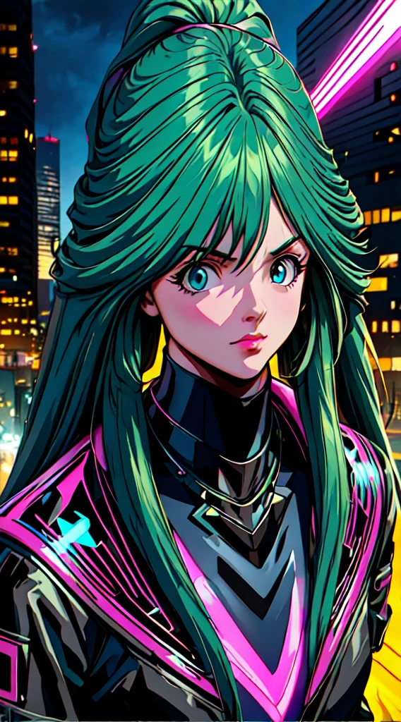 (best quality,4k,8k,highres,masterpiece:1.2),ultra-detailed,(realistic,photorealistic,photo-realistic:1.37),green hair and pink hair,blue eyes,anime,alone,modern,cyberpunk,lighting effects,colorful,stylish compositions,beautiful detailed eyes,longeyelashes,modern fashion,street art,cybernetic enhancements,dynamic poses,vibrant colors,neon lights,gritty urban atmosphere,stylized backgrounds,technological advancements,high-tech accessories,sharp focus,cityscape silhouette,glowing holograms,sleek architecture,cyberpunk fashion,confident expression,ethereal atmosphere,exaggerated proportions,juicy hues,expressive brushstrokes,stylized hair,trendy outfits,sci-fi elements,visual storytelling,vivid color palette,edgy urban setting,colored lens flare,cybernetic implants,youthful energy.