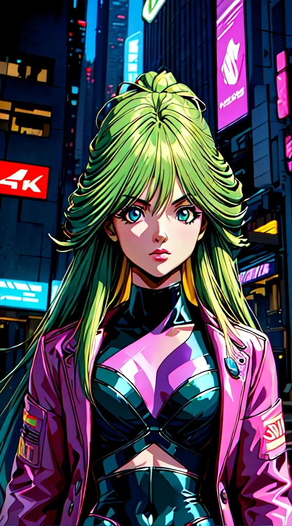 (best quality,4k,8k,highres,masterpiece:1.2),ultra-detailed,(realistic,photorealistic,photo-realistic:1.37),green hair and pink hair,blue eyes,anime,alone,modern,cyberpunk,lighting effects,colorful,stylish compositions,beautiful detailed eyes,longeyelashes,modern fashion,street art,cybernetic enhancements,dynamic poses,vibrant colors,neon lights,gritty urban atmosphere,stylized backgrounds,technological advancements,high-tech accessories,sharp focus,cityscape silhouette,glowing holograms,sleek architecture,cyberpunk fashion,confident expression,ethereal atmosphere,exaggerated proportions,juicy hues,expressive brushstrokes,stylized hair,trendy outfits,sci-fi elements,visual storytelling,vivid color palette,edgy urban setting,colored lens flare,cybernetic implants,youthful energy.