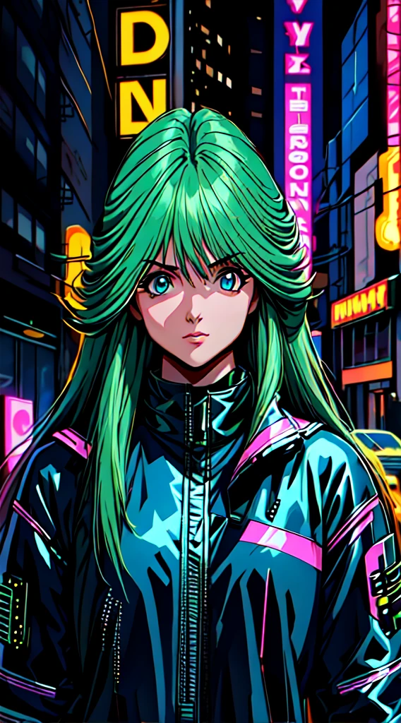 (best quality,4k,8k,highres,masterpiece:1.2),ultra-detailed,(realistic,photorealistic,photo-realistic:1.37),green hair and pink hair,blue eyes,anime,alone,modern,cyberpunk,lighting effects,colorful,stylish compositions,beautiful detailed eyes,longeyelashes,modern fashion,street art,cybernetic enhancements,dynamic poses,vibrant colors,neon lights,gritty urban atmosphere,stylized backgrounds,technological advancements,high-tech accessories,sharp focus,cityscape silhouette,glowing holograms,sleek architecture,cyberpunk fashion,confident expression,ethereal atmosphere,exaggerated proportions,juicy hues,expressive brushstrokes,stylized hair,trendy outfits,sci-fi elements,visual storytelling,vivid color palette,edgy urban setting,colored lens flare,cybernetic implants,youthful energy.