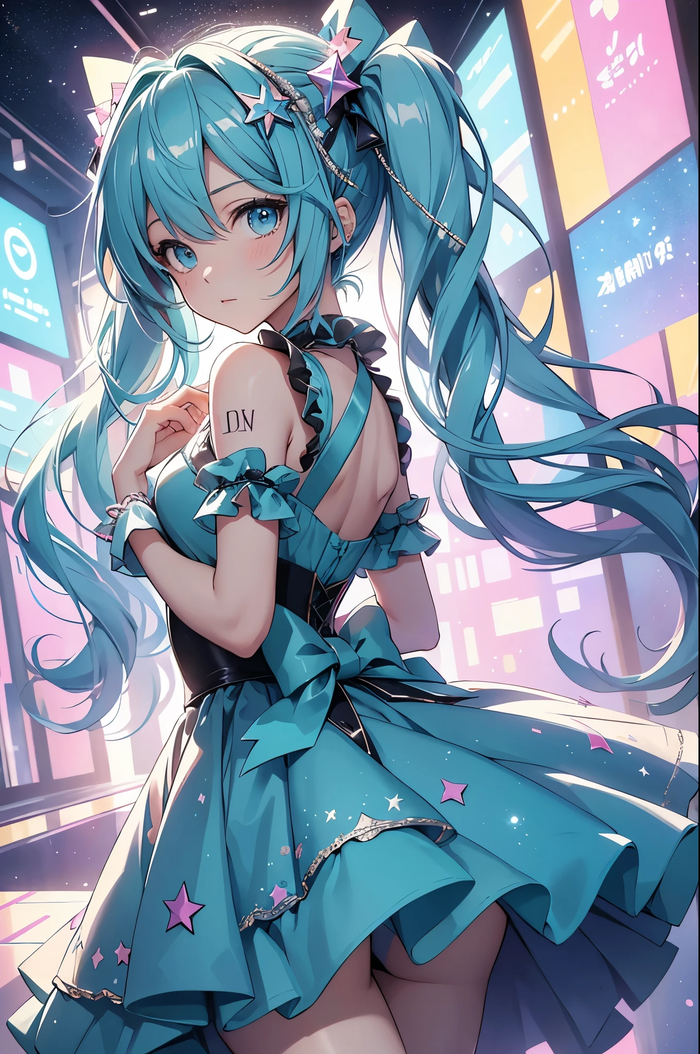 best quality,masterpiece,ultimate resolution,downy,Extremely colorful,Colorful,Hatsune Miku,ta dress,starry sky
