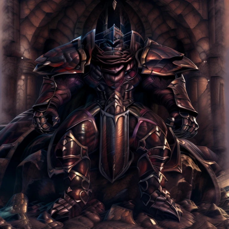 (masterpiece, best quality, detailed:1.2) (Pokémon) lucario, detailed full body, a knight's mechanical armor, glowing wide and heavy armor, wears full body armor. massive muscles, huge pecs, chiseled abs, huge pectorals, exaggeratedly huge muscles. wearing a cloak. unusually developed muscular body big muscle, pecs, triceps, traps, waist narrow, unusually developed muscular body, Dark knight, BlackKnight_fe, The claws are sharp, Sharp teeth, He wears a black cloak on his back. sitting on the throne,