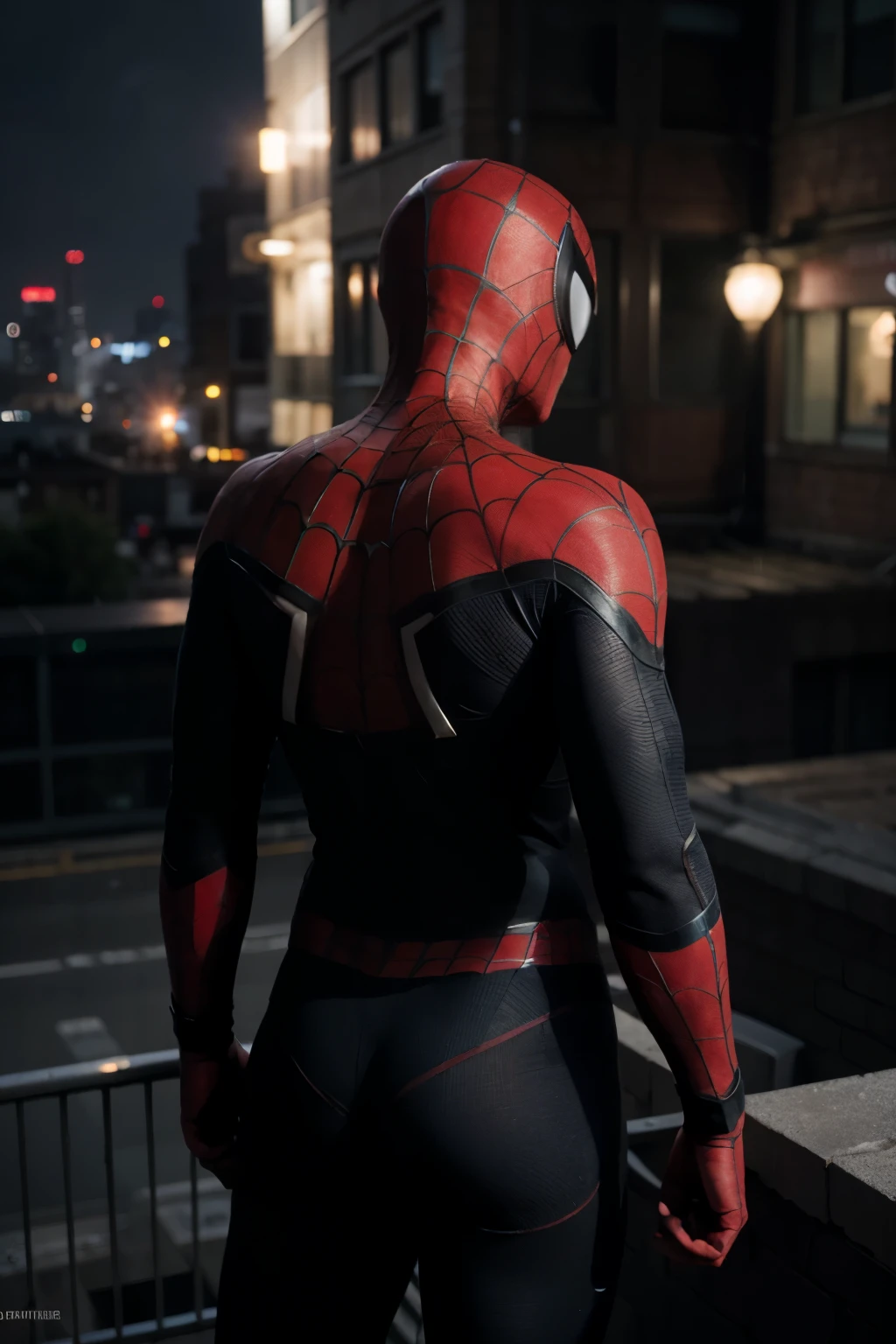 Spider-Man, drawing, on top of the building, with his back turned, seeing the city, rain, dark, purple, HD, cinematic, 4k, PC wallpaper
