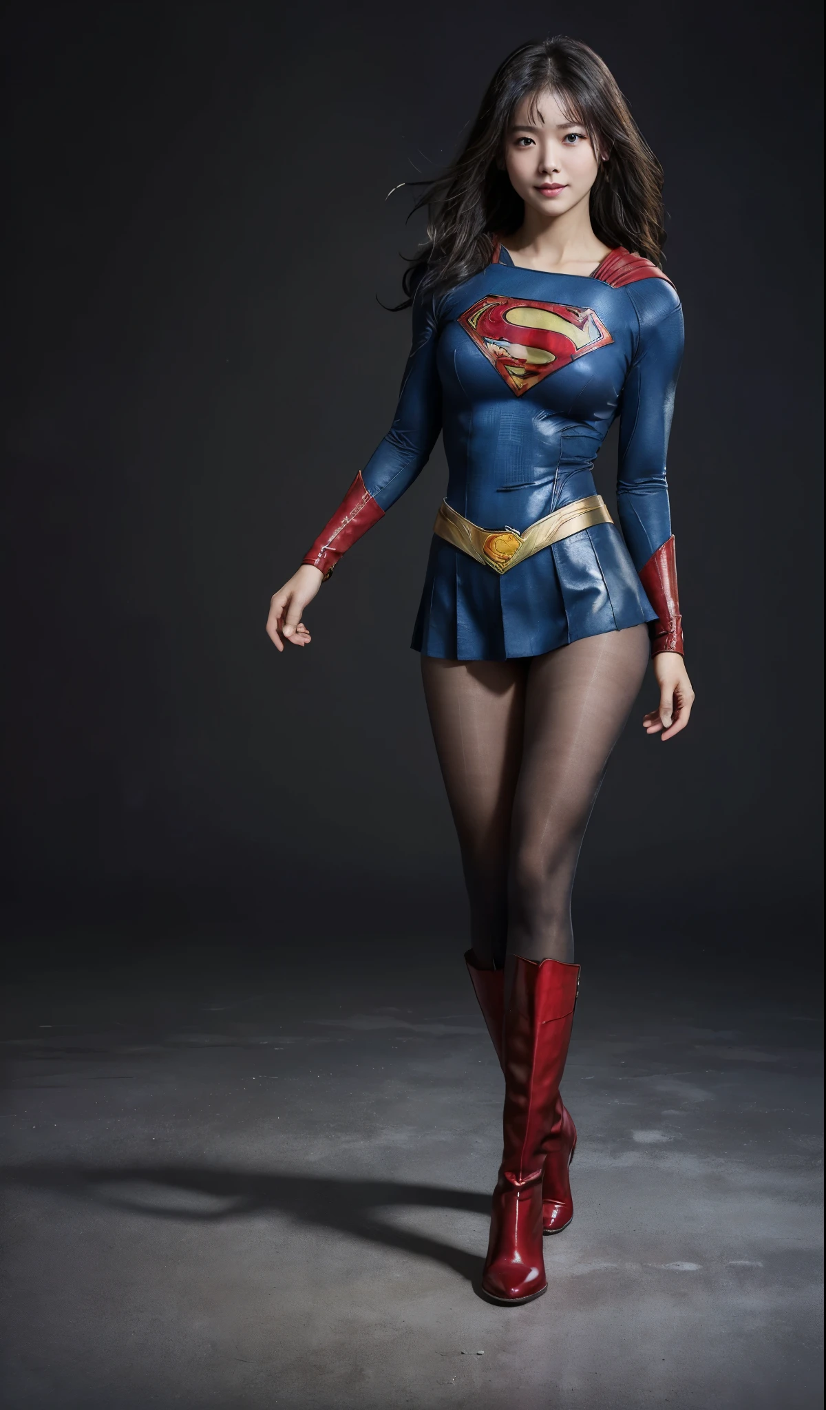 No background、(((Beautiful legs in black tights.)))、(((Legally express the beauty of your smile)))、((((Make the most of your original images)))、(((Supergirl Costume)))、(((Beautiful Hair)))、(((suffering)))、(((Please wear black tights....、Wear red boots)))、((Best image quality、8k))、((highest quality、8k、masterpiece:1.3))、(((Preserve background )))、Sharp focus:1.2、Beautiful woman with perfect figure:1.4、Slim Abs:1.2、Wet body:1.5、Highly detailed face and skin texture、8k