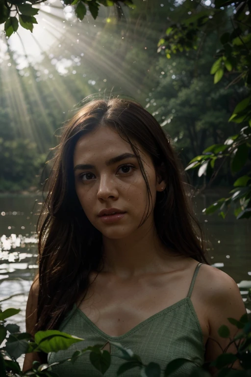 tree with very deep roots and branches with abundant green leaves, with a lake with crystal clear water. Rays of sun illuminating the water and the tree canopy., brown hair, empty eyes, sparkling eyes, streaming tears, shy, parted lips, v-shaped eyebrows, scared, cheek pull, disappointed, disappointed, sulking, Social realism, interior architecture, depth of field, cinematic lighting, motion blur, god rays, ray tracing, chiaroscuro, backlighting, silhouette, first-person view, UHD, super detail
