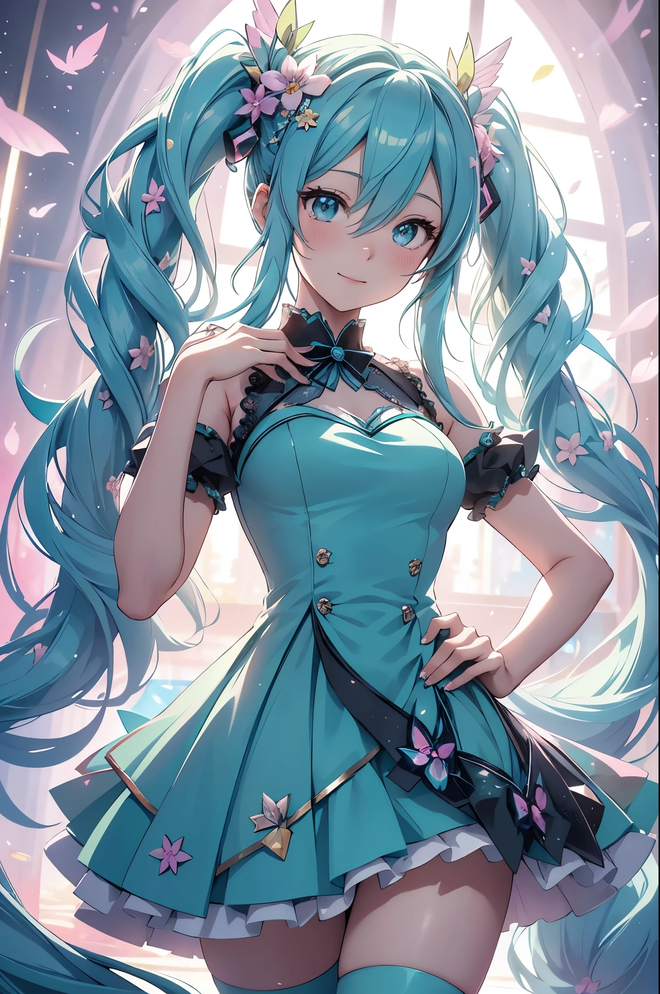 (best quality,4k,8k,highres,masterpiece:1.2),ultra-detailed,(realistic,photorealistic,photo-realistic:1.37),acrylic painting,Hatsune Miku in a ta dress with downy hair,Hatsune Miku with extremely colorful hair and detailed facial features,Hatsune Miku standing in a beautiful garden surrounded by a starry sky,Hatsune Miku wearing a vibrant Loliress,Hatsune Miku with intricate accessories and a matching hat,Hatsune Miku posing gracefully with her hands on her hips,Hatsune Miku with long flowing twintails,Hatsune Miku with bright blue eyes and rosy lips,Hatsune Miku with a joyful expression,Hatsune Miku in a dynamic pose with cherry blossoms falling around her,Hatsune Miku surrounded by colorful flowers and butterflies,Hatsune Miku's dress adorned with cute bows and lace details,Hatsune Miku with an enchanting smile,Hatsune Miku with soft, pastel-colored shading,Hatsune Miku with a magical glow illuminating her,Hatsune Miku in a picturesque setting with a winding path leading to a magnificent castle,Hatsune Miku holding a microphone and singing passionately,Hatsune Miku with a fairytale-like background,Hatsune Miku with a soft, dreamy atmosphere,Hatsune Miku with a subtle bokeh effect,Hatsune Miku standing under a moonlit sky,Hatsune Miku with a warm, golden sunset in the background,Hatsune Miku surrounded by twinkling stars and colorful nebulae,creating an ethereal and captivating artistic masterpiece.