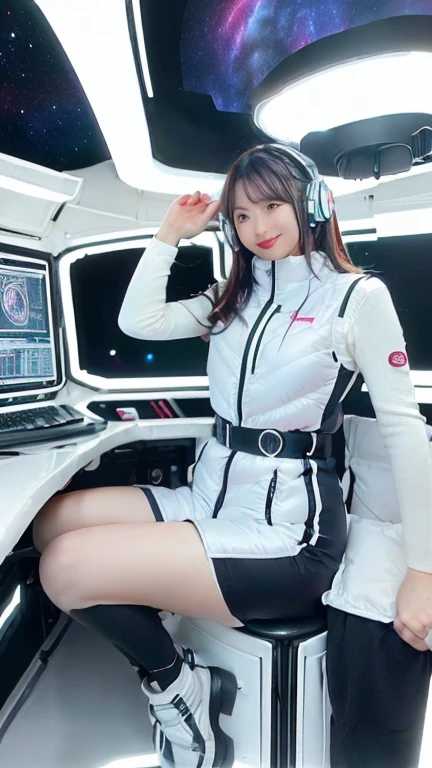 masterpiece:1.4, masterpiece,best quality,1girl,BREAK (portrait shot):100,(lower body):100,BREAK one girl in ((20yr old)), instagrammer pose,idol girl, dynamic pose,(astrovest):2,floating:20,jumping:20,(white shiny downves):5,(white puffer vest):5,(black tights),(black long sleeves):2,black belt ,smartwatch,huge breast,wears a tight futuristic latex silver and black and white bodysuit,(white boots),astrovest, de pele branca,beautiful face ,smile,japanese girl,dark brown
hair,huge-breasted, long hair, Perfect model body, Blue eyes:1.4, Wearing headphones, Flirting, Happy, Looking out the window of the futuristic sci-fi space station,While admiring the beautiful galaxy:1.2, BREAK SF control room on night background:1.1, Neon and energetic atmosphere:1.2 ((Galaxy)) ,((Solo:1.6)),futuristic space station background,inside space craft,Futuristic room,neotech,JeeSoo