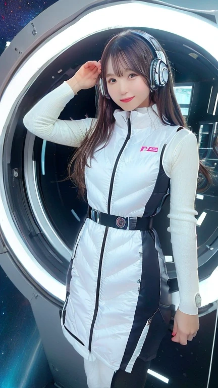 masterpiece:1.4, masterpiece,best quality,1girl,BREAK (portrait shot):100,(lower body):100,BREAK one girl in ((20yr old)), instagrammer pose,idol girl, dynamic pose,(astrovest):2,floating:20,jumping:20,(white shiny downves):5,(white puffer vest):5,(black tights),(black long sleeves):2,black belt ,smartwatch,huge breast,wears a tight futuristic latex silver and black and white bodysuit,(white boots),astrovest, de pele branca,beautiful face ,smile,japanese girl,dark brown
hair,huge-breasted, long hair, Perfect model body, Blue eyes:1.4, Wearing headphones, Flirting, Happy, Looking out the window of the futuristic sci-fi space station,While admiring the beautiful galaxy:1.2, BREAK SF control room on night background:1.1, Neon and energetic atmosphere:1.2 ((Galaxy)) ,((Solo:1.6)),futuristic space station background,inside space craft,Futuristic room,neotech,JeeSoo