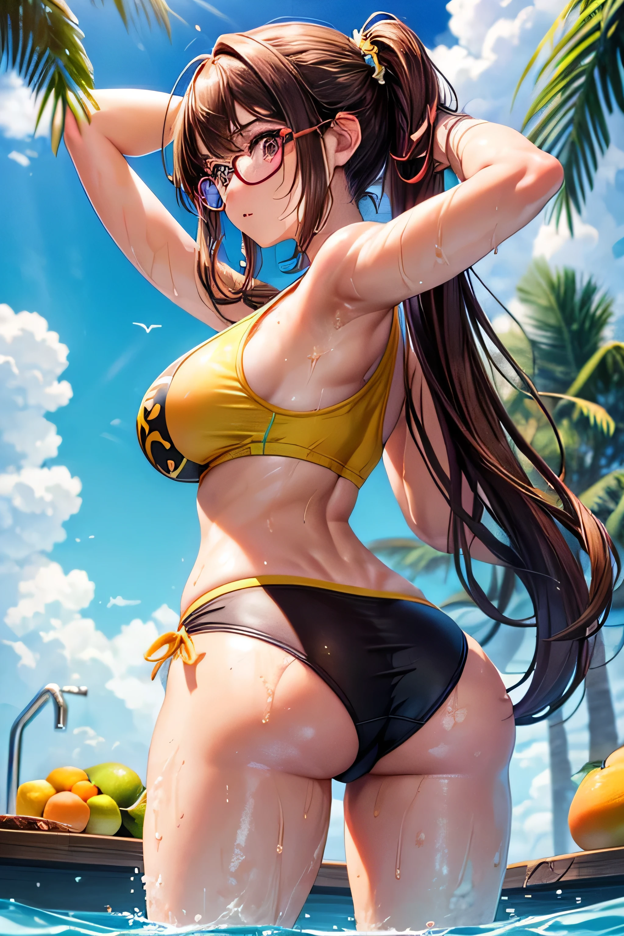 High resolution, high quality, One girl, Anime Girls, Brown long hair, Brown eyes, Pink Glasses,heart shaped pupils,Sunburned skin, Large Breasts,beautiful breasts,pointy breasts,(Big Ass),beautiful ass,Embarrassed,Tank Top,swimsuit,Back Pose,lower body,sweat,wet,swimming,(open legs),arms behind head,at Poolside,(Kiwi juice),(lemon juice),(orange juice),(Pineapple juice),(Mango juice),(water),