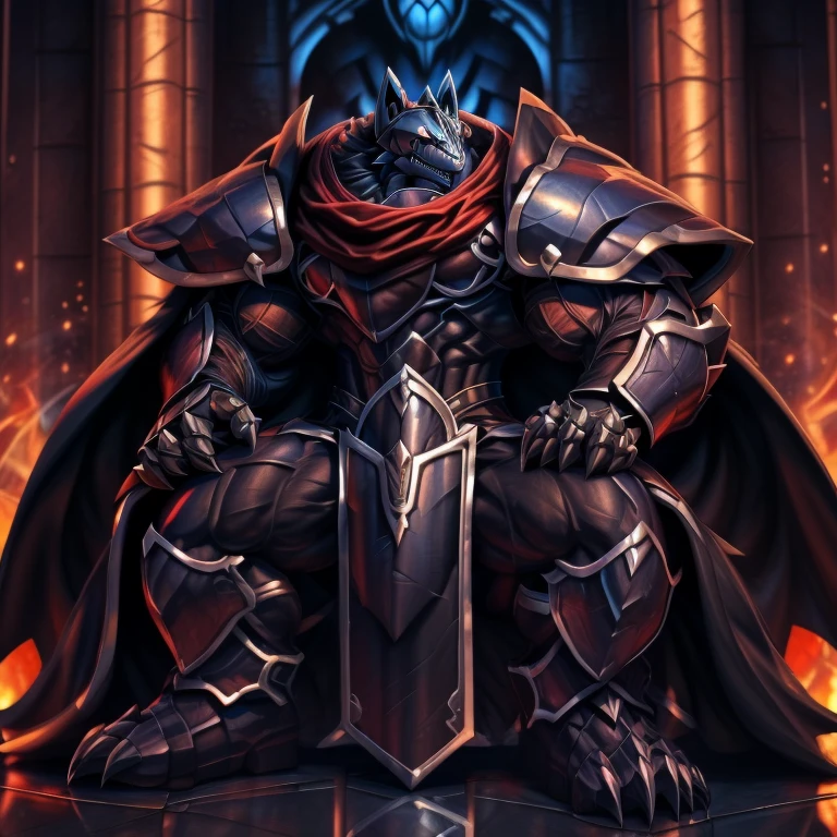 (masterpiece, best quality, detailed:1.2) (Pokémon) LUCARIO, detailed full body, a knight's mechanical armor, glowing wide and heavy armor, wears full body armor. massive muscles, huge pecs, chiseled abs, huge pectorals, exaggeratedly huge muscles. wearing a cloak. unusually developed muscular body big muscle, pecs, triceps, traps, waist narrow, unusually developed muscular body, Dark knight,
BlackKnight_fe, The claws are sharp,
Sharp teeth, sitting on the throne,
