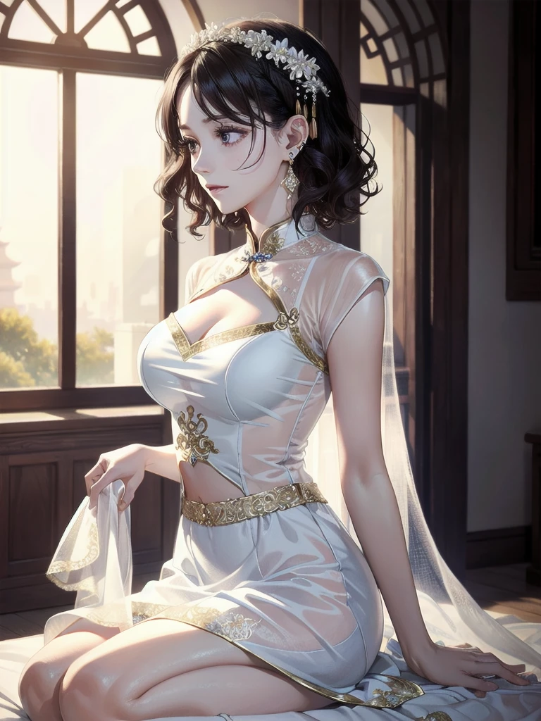 absurdres, RAW photo, extremely delicate and beautiful, masterpiece, Best Quality, ultra high resolution, 32k, hyperrealistic, ultra-detailed, detailed description, pale skin, 20 years old, detailed beautiful face and eyes, tearful mole, earring, very huge round breasts, short medium hair, wavy hair, full body shot, jewelry, skirt, hair adornments, Chinese clothes, sheer transparent clothes, 