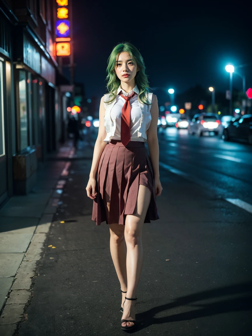 (1 lady), (Best quality at best:1.4), (ultra - detailed), (extremely detailed CG unified 16k), A Beautiful Woman with Perfect Figure: 1.4, Sharp Focus: 1.2, very detailed, High-definition RAW color photo, professional photoshooting, amazing face and eyes, cosmetics, (amazingly beautiful girl), ((Mion Sonozaki)), ((white shirt, red necktie, yellow vest, red skirt)), standing, sexyposture,(Dark and stylish urban landscape, city lights, city lights:1.3), (look from down), realistic cinematic face, head to feet long wide zoomed out view, full body long view, photorealistic, ((realistic natural green hair style, green eyes, long hair)), gorgeous, extremely beautiful face, perfect model beauty, pout mouth, Highly Detailed Face and Skin Texture, Detailed Eyes, Double Eyelids, Big Breasts, Smile, cleavages, western, (masterpiece), best quality, high resolution, extremely detailed, blurred background, depth of field, cinematic lighting, amazing legs, clear and well-cared skin, (((woman occupies most of the picture)))