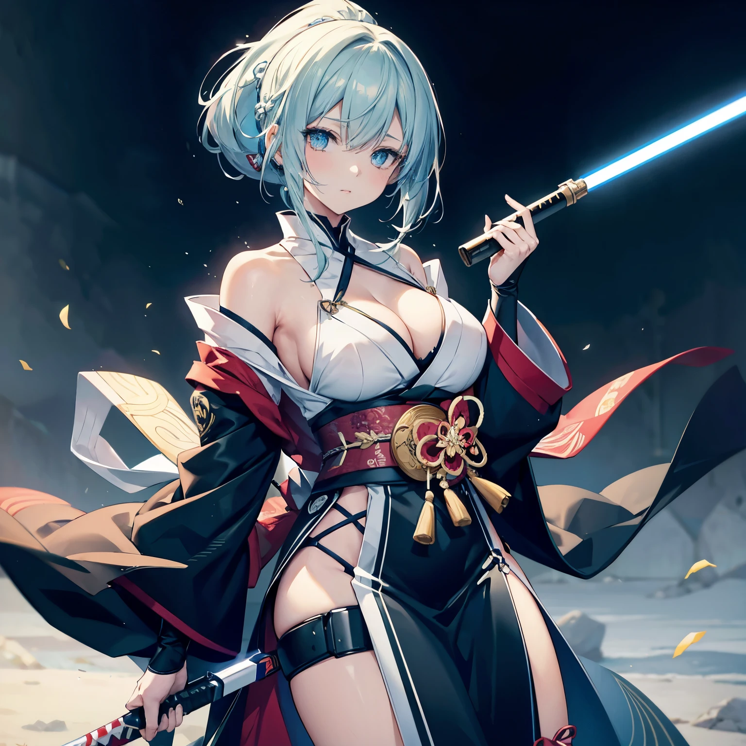 Resolution and quality, image quality: super detailed, top quality, super detailed illustration, super detailed beauty, high quality and detailed art, 4K digital art, high detailed animation, high detailed short full body portrait, pixiv digital art , anime art wallpaper 8K, ultra-definition, highest quality, ultra-definition illustration, ultra-definition beauty, BRAKE,
Style: White Anime Barbie, Biomechanical, Anime Moe Art Style, Dress, Desktop Background, Biomechanical Big , Fate/Stay Night, Fate/Grand Order, BRAKE,
Hairstyle and Color: The main hairstyle is long hair, which is skillfully combined with his other four hairstyles (ponytail, twintails, bob cut, and long braids). Her hair color is gold based with a gradation of blue and green. ,brake,
System: cleavage (breast area), erect nipples, saggy breasts, armpits, exposed shoulders, breasts, caustics, collarbones, huge breasts, saggy breasts, moles, hollow skin, stomach, thighs, moist with, BRAKE,
Color: mostly gold, with green and blue being the main colors. Other elements include light blue, yellow, silver, and deep red. ,brake,
Emotions and Movement: The characters' faces are hidden, so their emotions cannot be determined. However, his posture is straight and he holds a lightsaber in both hands. ,brake,
Theme: The images have a modern yet traditional Japanese aesthetic, combining elements of samurai costumes and futuristic weapons. ,brake,
Key elements: The focus is on the lightsaber and the elaborate tattoos on the character's upper body. ,brake,
Style: Realistic rendering with high texture and lighting details, combining traditional and futuristic elements. ,brake,
Worldview: A world where traditional Japanese culture and futuristic elements intersect. ,brake,
Costume and Colors: The character wears a colorful kimono with a floral pattern, which contrasts with his dark jacket. ,brake,
Possession and Weapon Details: On his hilt is an intricately designed lightsaber that emits a bright blue light. ,br