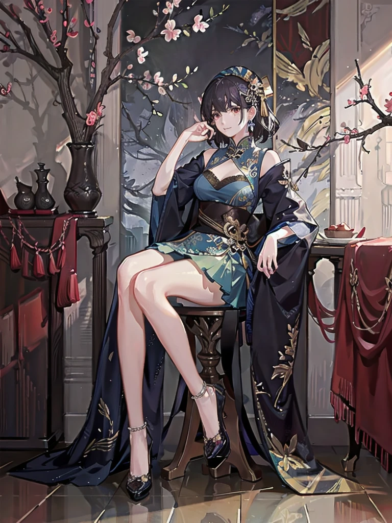 absurdres, RAW photo, extremely delicate and beautiful, masterpiece, Best Quality, ultra high resolution, 32k, hyperrealistic, ultra-detailed, detailed description, pale skin, 20 years old, detailed beautiful face and eyes, tearful mole, earring, very huge round breasts, short medium hair, wavy hair, full body shot, jewelry, skirt, hair adornments, Chinese clothes, sheer transparent clothes,