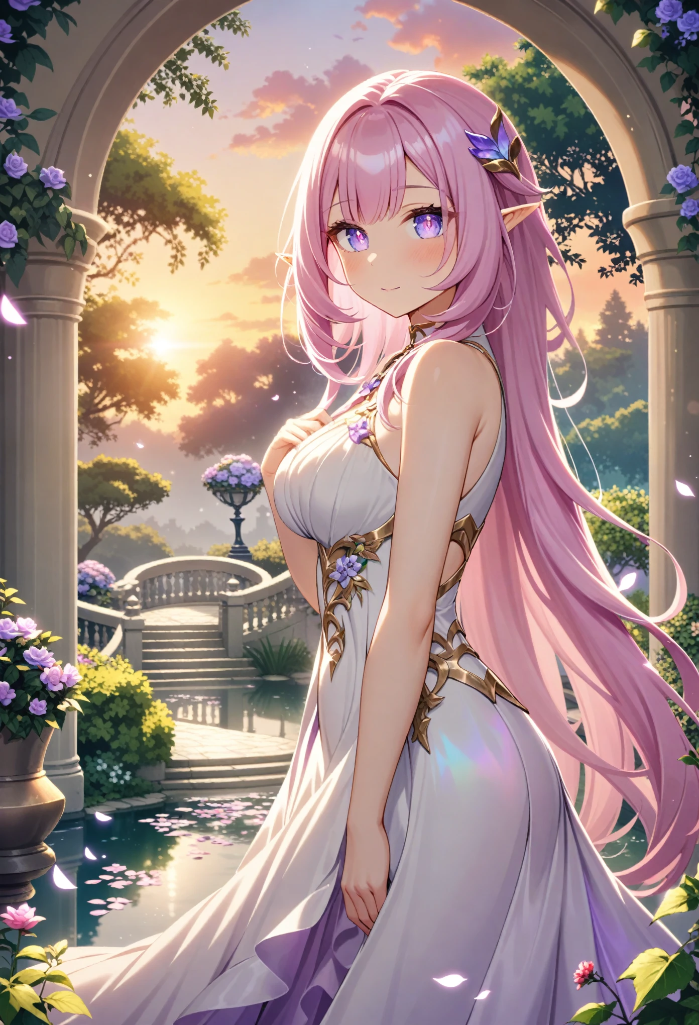 Masterpiece,very aesthetic,1girl,elysia,solo,wearing white sleeveless wrap gown,very long pink hair,light purple eyes,pointed ears BREAK Dreamy outdoor scene of a beautiful garden with trailing ivy and stairs and trees,royal garden background,beautiful intricate anime scenery,peaceful pond with glowing light flecks,stunning sunrise backdrop,gorgeous fantasy aesthetic, BREAK elysian realm,iridescent, crystal roses,floating petals 