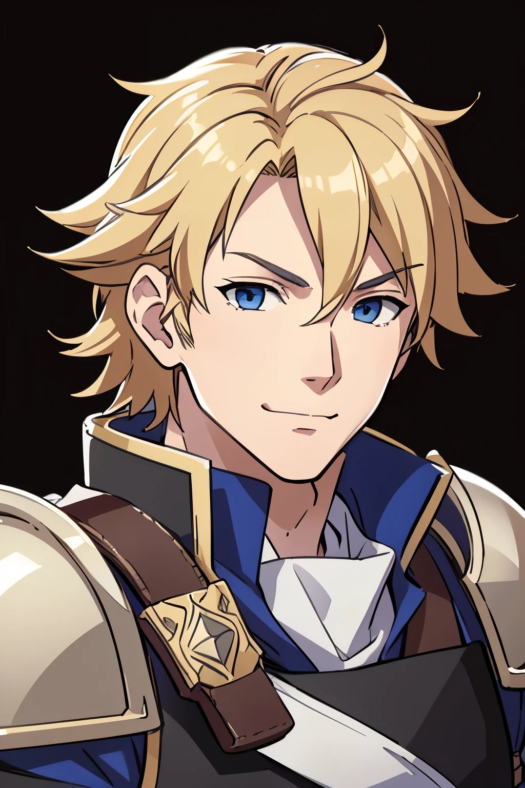 (high-quality, breathtaking),(expressive eyes, perfect face) 1boy, male, solo, portrait, Fire Emblem Awakening, Symmetrical Eyes, Fire Emblem, golden blonde hair color, short hair length, messy wavy hair, upper body, blue eyes, positive expression, charming smile, detailed eyes, blonde brown hair, narrpw eyes, kind expression, cape, armor, weapon, sword sheathed, Chrom Fire Emblem Awkening
