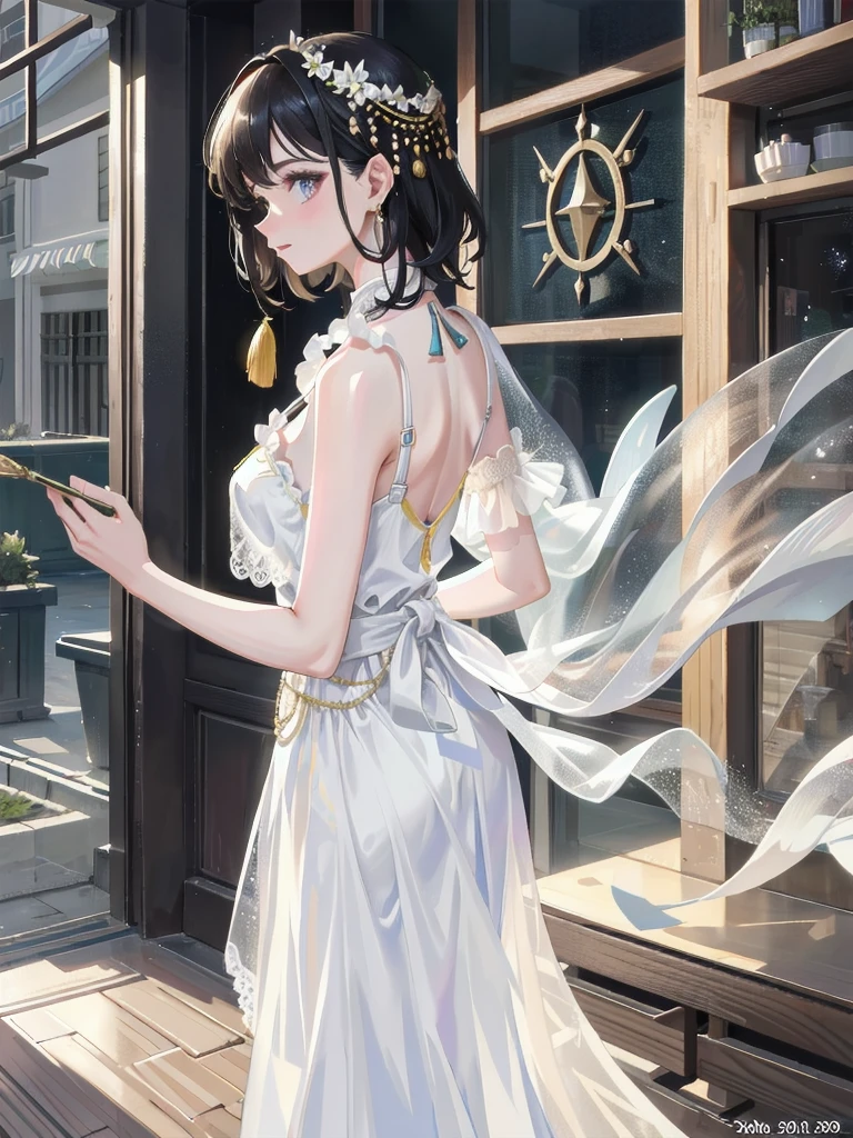 absurdres, RAW photo, extremely delicate and beautiful, masterpiece, Best Quality, ultra high resolution, 32k, hyperrealistic, ultra-detailed, detailed description, pale skin, 20 years old, detailed beautiful face and eyes, tearful mole, earring, very huge round breasts, short medium hair, wavy hair, full body shot, jewelry, skirt, hair adornments, Chinese clothes, sheer transparent clothes,